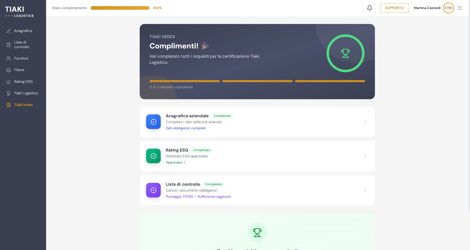 Dashboard della piattaforma TIAKI Logistics con rating ESG